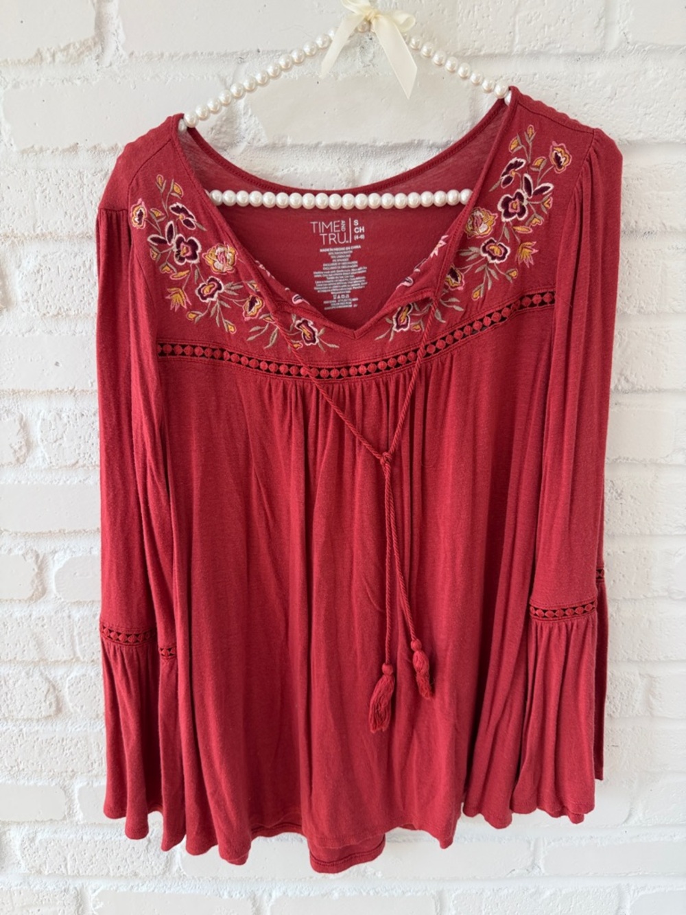 Time and Tru Cranberry Embroidered Peasant Tunic